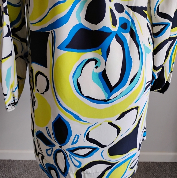 Banana Republic Silk Dress Abstract Floral Navy Blue Yellow Shift Tropical Sz M - Picture 11 of 15